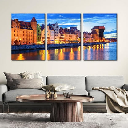 Pacimo 3 Pieces Framed Wall Art Decorations Wisla River Landscape Painting Print on Canvas Gdansk Poland Cityscape Wall Art for Home Office Decor Modern Artwork Stretch Ready to Hang - 20"x28"x3