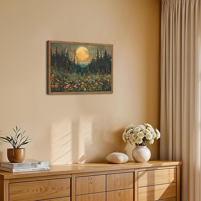 Vintage Forest Moon Wall Art, Nature Pine Tree Woodland Wall Decor Paintings, Dark Cottagecore Landscape 3D Textured Hand Drawn Sandstone Artwork for Bedroom Living Room 12x16 inch Wood Framed