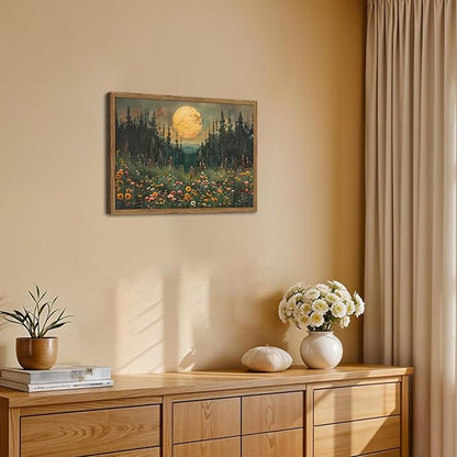 Vintage Forest Moon Wall Art, Nature Pine Tree Woodland Wall Decor Paintings, Dark Cottagecore Landscape 3D Textured Hand Drawn Sandstone Artwork for Bedroom Living Room 12x16 inch Wood Framed