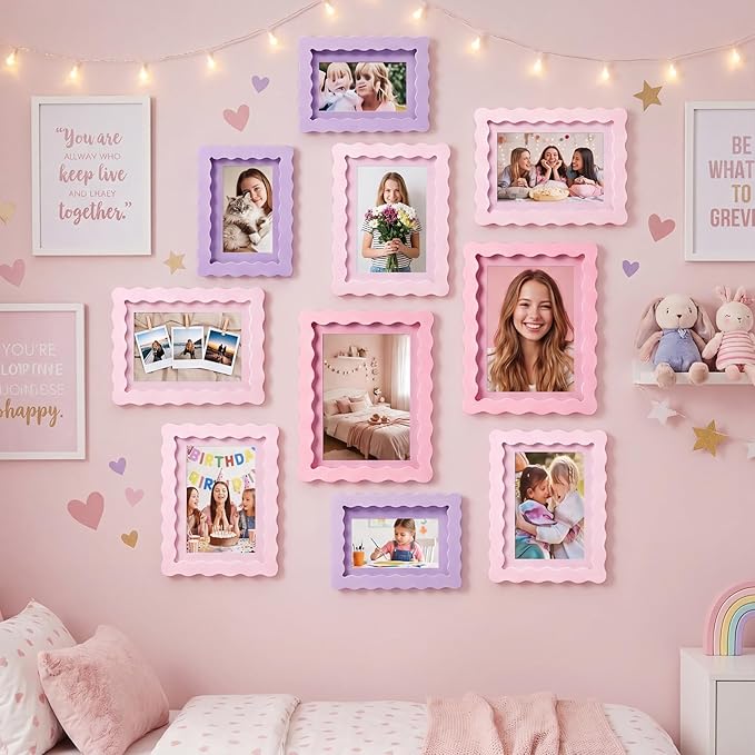 Wonderjune 10 Pack Colorful Scalloped Picture Frames for Girl Room Decor, 3 Sizes 4x6 5x7 6x8, Collage Gallery Wall Frame Set, Cute Curved Picture Frames for Wall or Desktop Display, Photo Walls