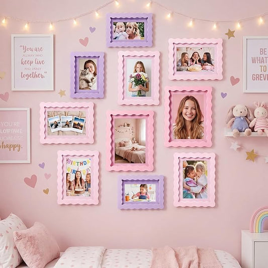 Wonderjune 10 Pack Colorful Scalloped Picture Frames for Girl Room Decor, 3 Sizes 4x6 5x7 6x8, Collage Gallery Wall Frame Set, Cute Curved Picture Frames for Wall or Desktop Display, Photo Walls
