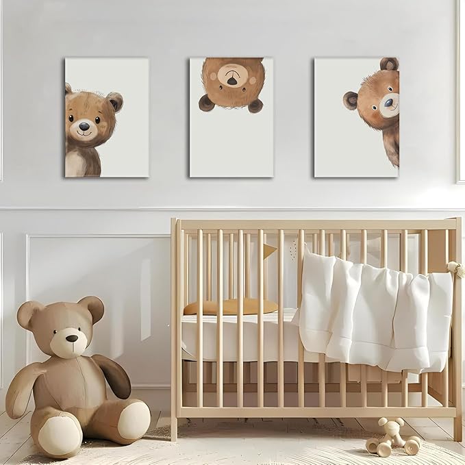 AOYUSMO 3 Piece Baby Bear Canvas Wall Art Nursery Funny Animal Wall Art Cute Bear Pictures Wall Decor Kids Baby Boy Animal Art Prints for Children's Room Bedroom 12"X16" Framed