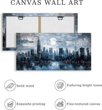 SERIMINO New York Skyline Wall Art, Urban Landscape Abstract Large Wall Decor, City Moon Night Landscape Artwork for Walls, Modern Aesthetic House Decorations Living Room Bedroom Office 24X48 Inch