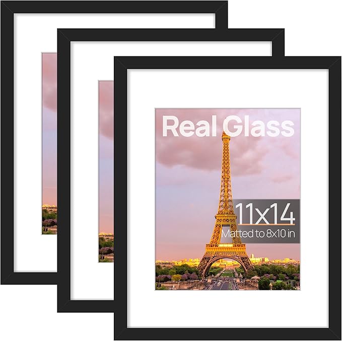 upsimples 11x14 Picture Frame Set of 3, Made of High Definition Glass for 8x10 with Mat or 11x14 Without Mat, Wall and Tabletop Display Photo Frames, Black