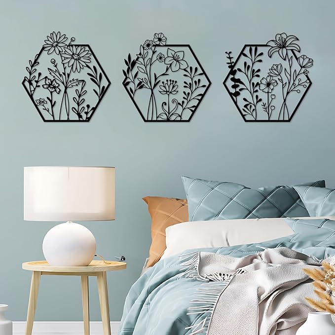 ESTART 3 Pcs Metal Flower Wall Decor Minimalist Floral Wall Hanging Decor Metal Flower Rustic Floral Art for Spring Bedroom Bathroom Living Room Kitchen Dining Room Decoration (Black)