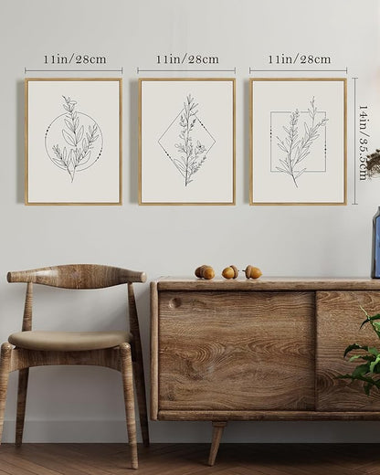 Drsoum Minimalist Flower Wall Art Vintage Wall Hanging Decor Black Line Botanical Prints Artwork for Office Dining Room Hallway 11x14in Natural Framed