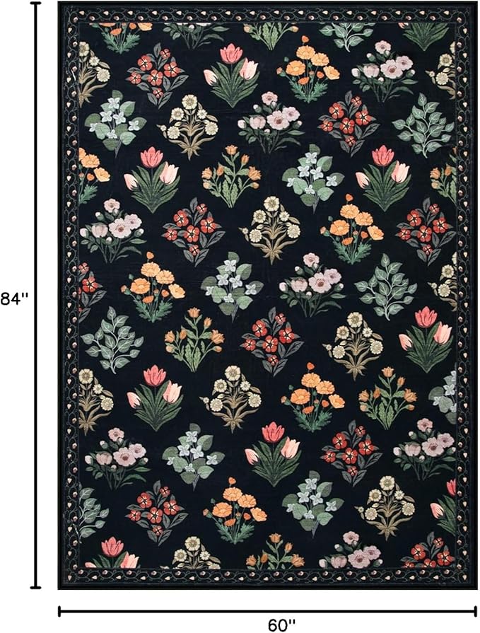 Wonnitar Floral Print Rug for Living Room, Black Washable 5x7 Area Rugs, Ultra-Thin Non Slip Stain Resistant Bedroom Carpet for Dining Room Playroom Office Dorm, Black/Multi