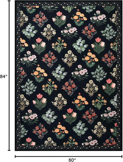 Wonnitar Floral Print Rug for Living Room, Black Washable 5x7 Area Rugs, Ultra-Thin Non Slip Stain Resistant Bedroom Carpet for Dining Room Playroom Office Dorm, Black/Multi