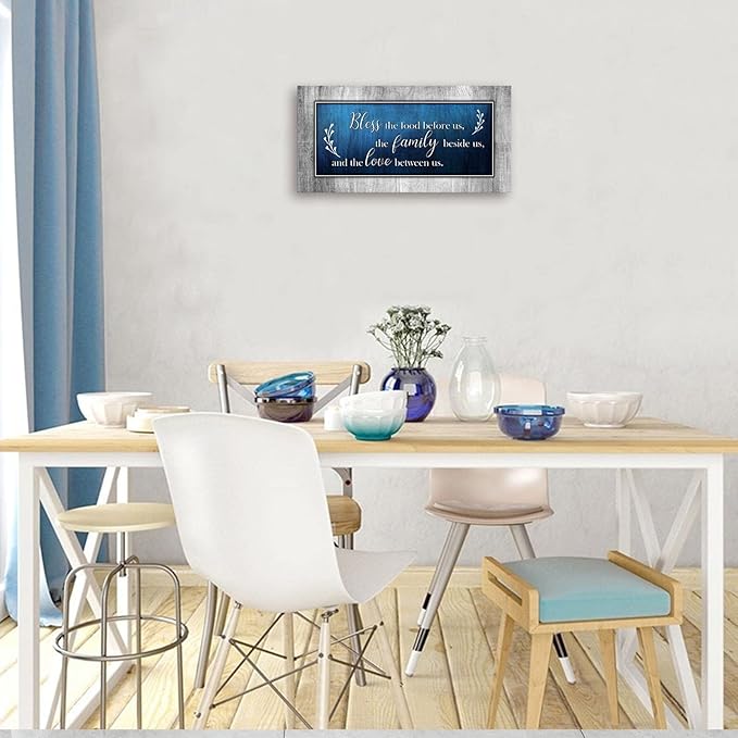 Canvas Wall Art for Dining Room Decor-Blue and Grey Canvas Prints Bless The Food Quote Wall Pictures Painting Framed Artwork for Home Living Room Bedroom Kitchen Decoration 20"x40"