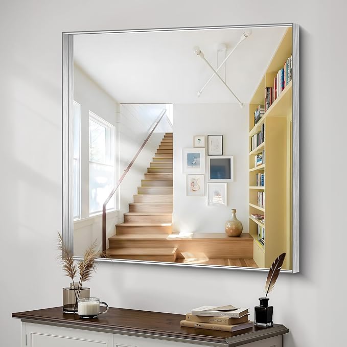 CIRCUMI Silver Bathroom Mirror, 42"x42" Rectangular Mirror with Deep Metal Frame, Brushed Finish, Tempered Glass, Mirror for Wall, Oversink, Bedroom, Installed Vertically/Horizontally, Crystal-Clear