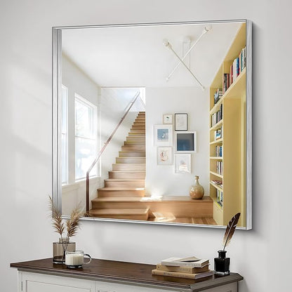 CIRCUMI Silver Bathroom Mirror, 42"x42" Rectangular Mirror with Deep Metal Frame, Brushed Finish, Tempered Glass, Mirror for Wall, Oversink, Bedroom, Installed Vertically/Horizontally, Crystal-Clear