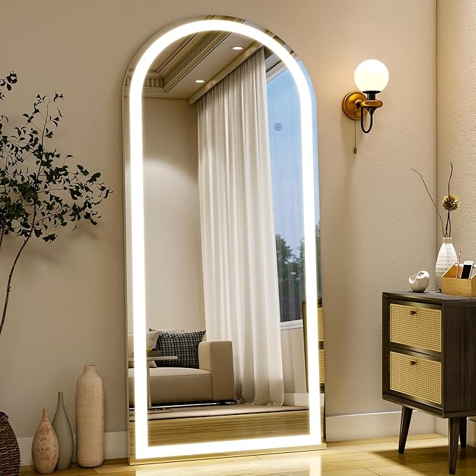 Easly 26x68 inch Full Length Mirror with Lights, LED Lighted Floor Standing, Hanging Full Length with Stand, Full Body Dressing Mirror with Dimmable 3 Color LED