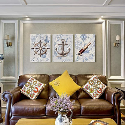 ocean theme steering wheel telescope ship pendant Canvas Prints bathroom Wall Art for Bedroom Wall decor Artworks Pictures wall decorations for living room,3 piece Home decor kitchen wall paintings