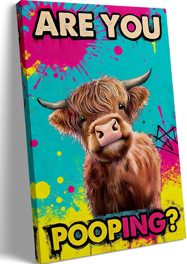 Funny Highland Cow Bathroom Canvas Wall Art Prints, Are You Pooping Sign, Colorful Pop Art Toilet Poster for Washroom, Graffiti Humorous Restroom Wall Decor, 16x24 Inch Framed Painting Ready to Hang