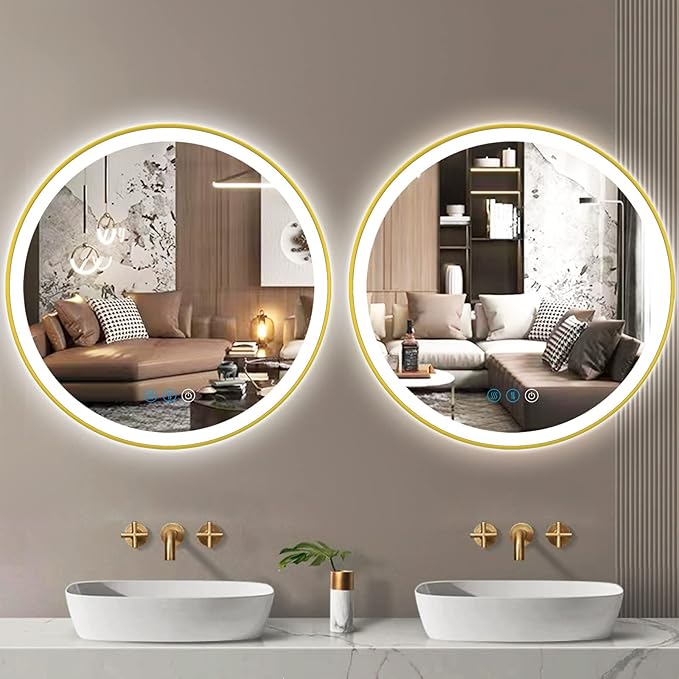 30 Inch Gold Bathroom Round LED Mirror with Lights Gold Frame Round Lighted Mirror for Bathroom Wall Round Vanity Lighted Mirrors 3 Color Dimmable Anti Fog Bathroom Circle Light up Smart Mirror