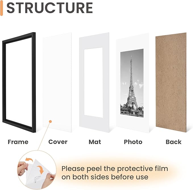 upsimples A3 Picture Frame Set of 5, Display Pictures 8.3x11.7 with Mat or 11.7x16.5 Without, Wall Gallery Poster Frames, Black