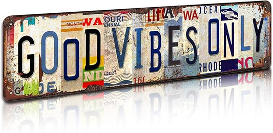 Good Vibes Only Rustic Metal Tin Sign - Vintage Inspirational Wall Art for Home, Office, Yoga Room, Farmhouse Décor - 4x16 Inch