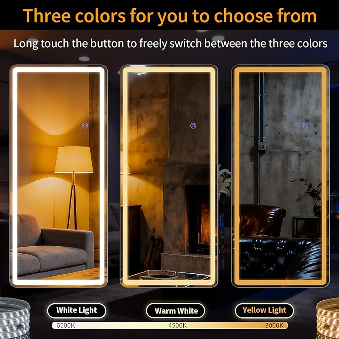 LED Full Length Mirror Floor Mirrors with Dimming &3 Color Lighting 26 x 68 Inch LED Mirrors Full Body with Stand for Bedroom Dressing Room Rect