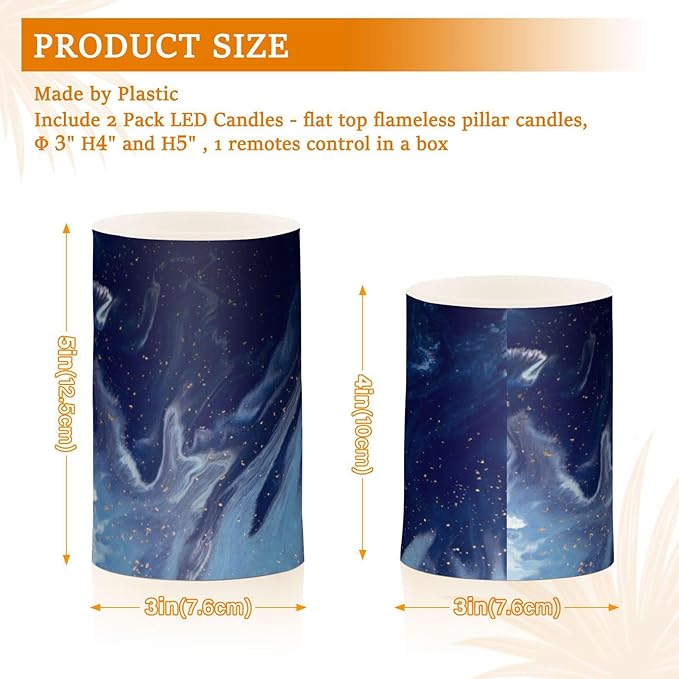 ALAZA Beautiful Navy Blue Marble Flickering Flameless Candles Battery Operated with Remote Timer,Tea Light Candles LED Pillar Votive Candles Set of 2 for Outdoor Indoor Decorations