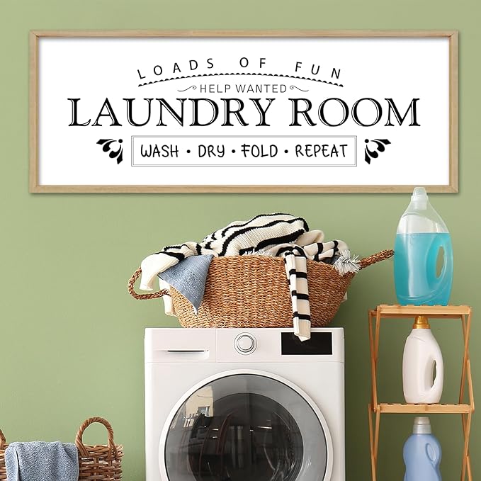 Wash Dry Fold Repeat Wall Decor Art 32"X12" Laundry Room Sign Bathroom Laundry Rules Large Wood Framed Wall Hanging (Wood)