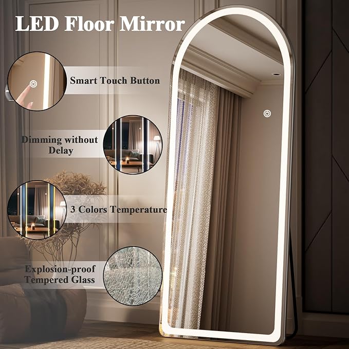 Arch LED Mirror Full Length - 26" x 71" Arched Top Rounded Corners Floor Full Body Mirror with 3 Color Lights Brightness Adjustable, Standing Leaning for Bedroom, Dressing Room, White