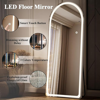 Arch LED Mirror Full Length - 26" x 71" Arched Top Rounded Corners Floor Full Body Mirror with 3 Color Lights Brightness Adjustable, Standing Leaning for Bedroom, Dressing Room, White