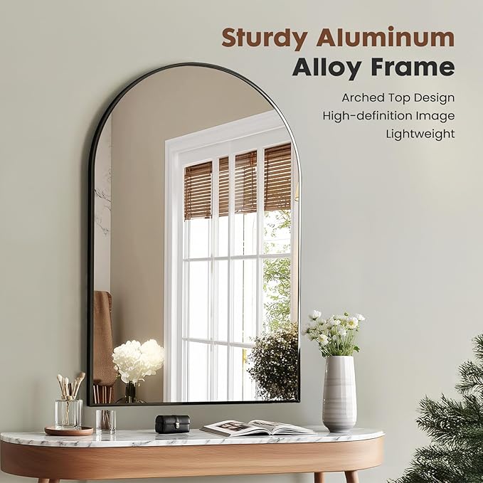 Dewfig Wall Mounted Mirror, 26"x38" Arched Wall Bathroom Mirror, Black Vanity Wall Mirror with Metal Frame, Modern & Contemporary Arch Top Wall Mirror for Bedroom, Entryway, Living Room,Black