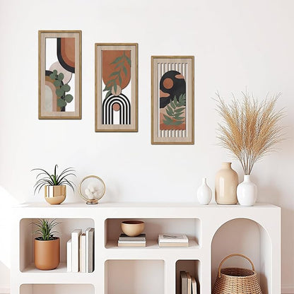 HPNIUB 3 PCS Boho Wall Decor, Minimalist Mid Century Sun Geometric Line Hanging Wood Sign for Living Room, 8x16Inch Modern Botanical Leaf Wooden Plaque for Apartment Bedroom Office Decoration