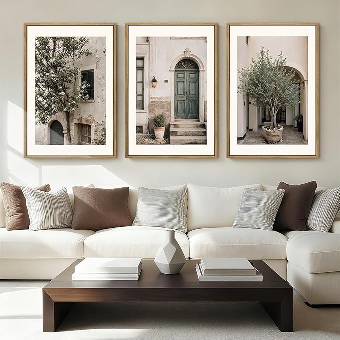 HPNIUB Large Vintage Italy City Landscape Framed Canvas Wall Art Set, Olive Green Tree Country Wall Decor, Modern Minimalist Countryside Villages Picture for Living Room,Bedroom,Office-16 x24 x3