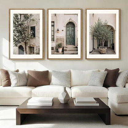 HPNIUB Large Vintage Italy City Landscape Framed Canvas Wall Art Set, Olive Green Tree Country Wall Decor, Modern Minimalist Countryside Villages Picture for Living Room,Bedroom,Office-16 x24 x3