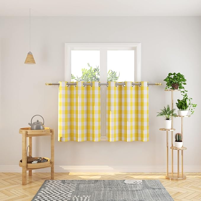 3 Pc Cotton Classic Country Farmhouse Kitchen Window Curtain Grommet Top -Yellow & White Buffalo Check Tier & Valance Set, 54" x 18" / 32" x 30"