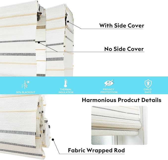 Motorized Bamboo Roman Blinds with Remote, Woven Roman Shades Compatible with Alexa Google Home, Automatic Bamboo Blind for Indoor Windows CustomSize(Harbor Stripe)