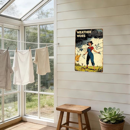 Weather Woes Laundry Tin Sign Vintage Metal Plaque Funny Sarcastic Retro Housewife Design Laundry Room Wall Art Kitchen Home Decor Rustic Farmhouse Gift 12x8 Inch