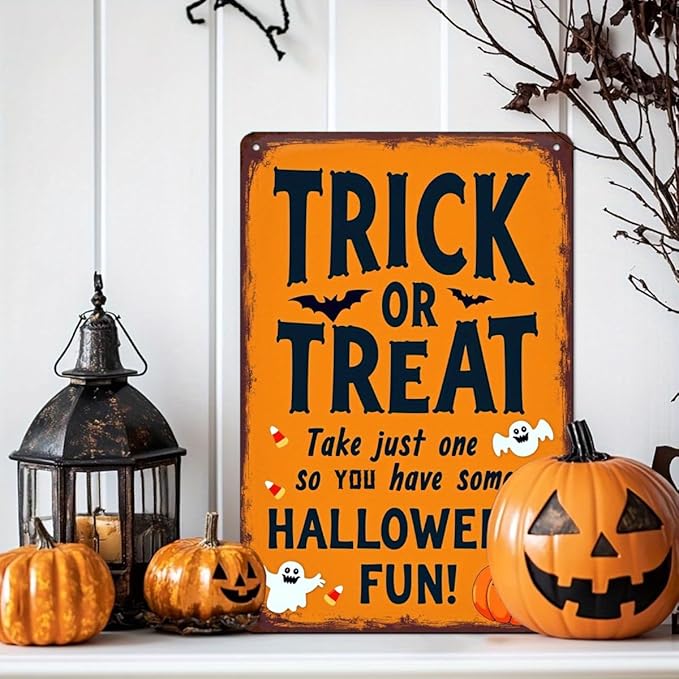Trick or Treat Halloween Metal Tin Sign Vintage Halloween Wall Decor for Home Kitchen Entryway and Office Rustic Halloween Decorative Signs Metal Poster 8x12 Inch