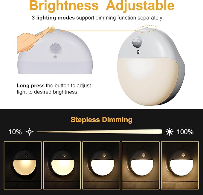 YUNLEX 6 Pack Stair Lights Indoor, 2.6" Small Stick on Lights, Dimmable Motion Sensor Night Light, 3 Light Modes, Portable Battery Night Light for Corners, Cabinet, Toilet, Bedroom, Kids, Warm White