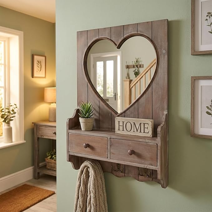 Rustic Farmhouse Wooden Entryway Mirror with Shelf and Hooks, 16"x24" Heart Shape Wood Frame Wall Mirror with Storage Drawer (Distress Brown)
