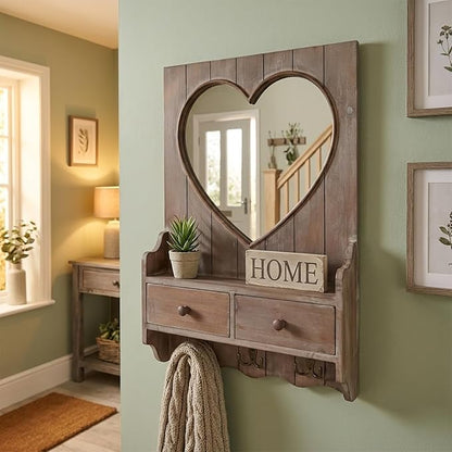 Rustic Farmhouse Wooden Entryway Mirror with Shelf and Hooks, 16"x24" Heart Shape Wood Frame Wall Mirror with Storage Drawer (Distress Brown)