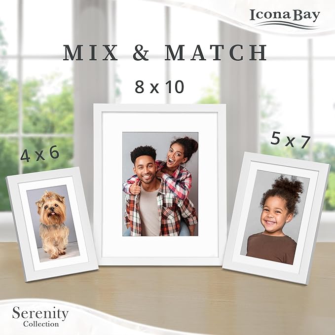 Icona Bay 5x7 Picture Frames w/Removable Mat for 4x6 Photos (White, 10 Pack), Sleek Modern Style Frames, Table Top or Wall Mount, Serenity Collection