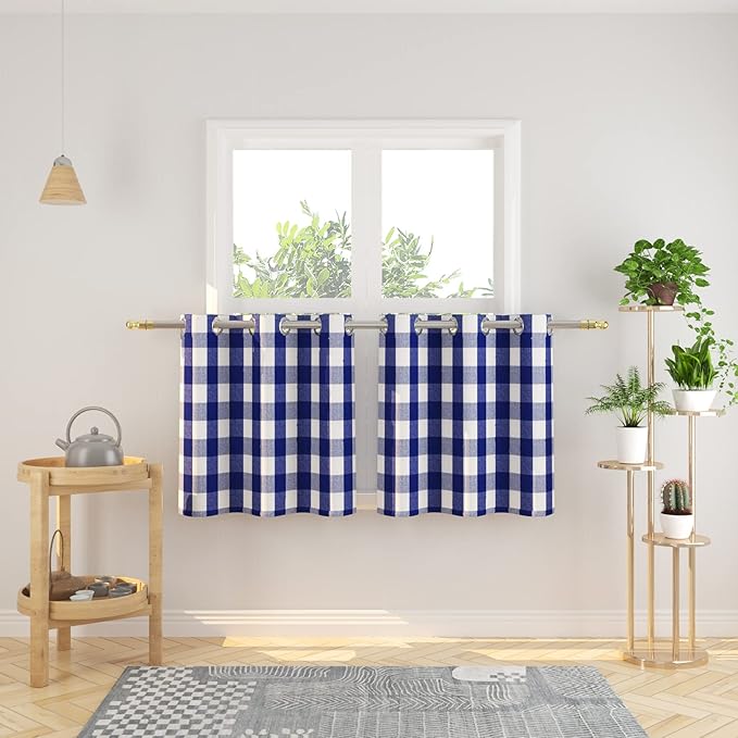3 Pc Cotton Classic Country Farmhouse Kitchen Window Curtain Grommet Top -Navy Blue & White Buffalo Check Tier & Valance Set, 54" x 18" / 32" x 24"