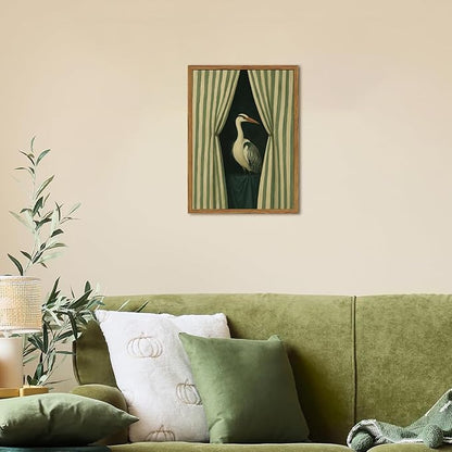 Framed Moody Heron Wall Art, Eclectic Vintage Bird Pictures Wall Decor Paintings, Surreal Whimsical Animal Canvas Prints Unique Humorous Home Decor for Living Room Bedroom Bathroom 16x24 inch