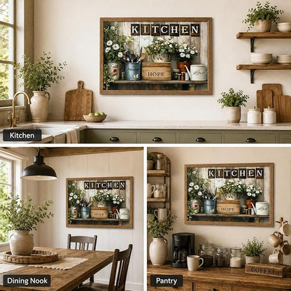 Framed Rustic Kitchen Wall Art Inspirational Kitchen Painting Picture Decor Country Daisy Poster Print Artwork for Restaurant Home Decoration