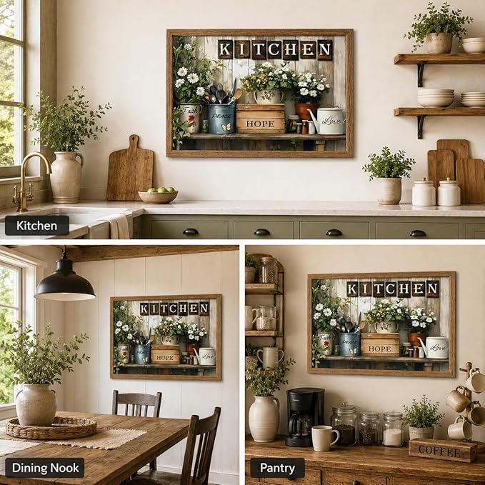 Framed Rustic Kitchen Wall Art Inspirational Kitchen Painting Picture Decor Country Daisy Poster Print Artwork for Restaurant Home Decoration