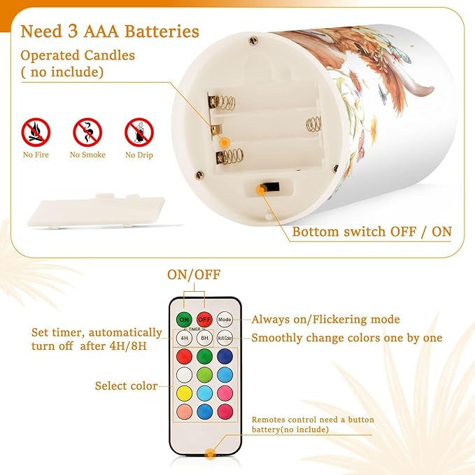 ALAZA Kawaii Highland Cow Butterflies Flickering Flameless Candles Battery Operated with Remote Timer,Tea Light Candles LED Pillar Votive Candles Set of 2 for Outdoor Indoor Decorations