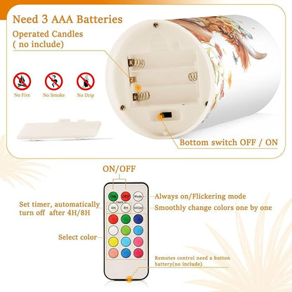 ALAZA Kawaii Highland Cow Butterflies Flickering Flameless Candles Battery Operated with Remote Timer,Tea Light Candles LED Pillar Votive Candles Set of 2 for Outdoor Indoor Decorations