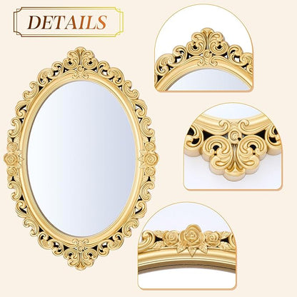 Beeveer 1 Style Vintage Mirrors Set Decorative Oval Wall Mirror Small Antique Mirrored Tray Decorative Hanging Mirror for Bathroom Bedroom Jewelry Organizer Victorian Decor (Oval,Gold)