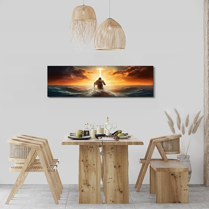 Christian Bible Canvas Wall Art for Bedroom Above Bed, Jesus Walking on Water Picture Wall Decor Sunrise Ocean Sea Cross Painting Prints Spirit Religious Faith Poster Artwork Office Decorations 14x48"