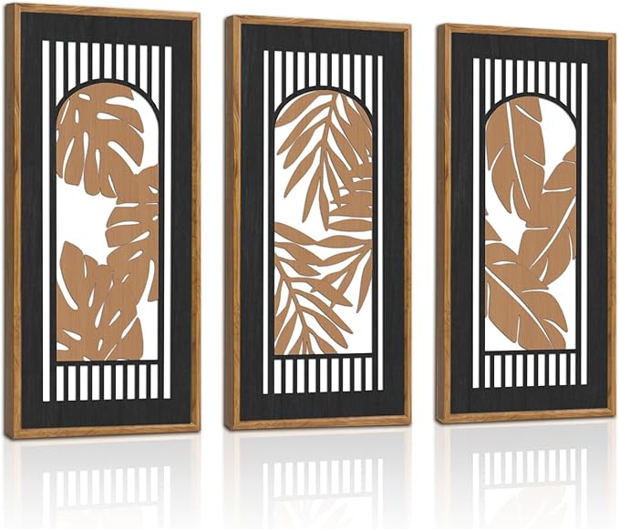 KAIRNE Rustic Tropical Boho Wall Decor,Palm Leaf Wooden Sign for Bathroom,Vintage Leaf Plant Hanging Wood Plaque Bohemian Wall Art Botanical Picture for Living Room Decoration 3 pcs(8x16Inch)