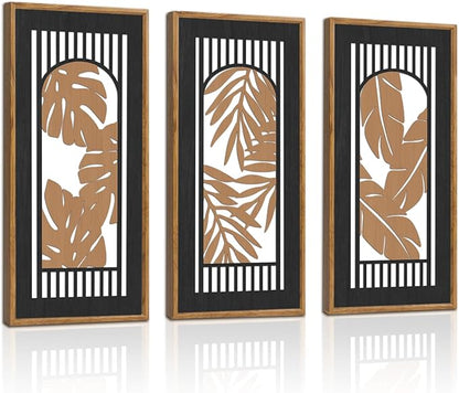 KAIRNE Rustic Tropical Boho Wall Decor,Palm Leaf Wooden Sign for Bathroom,Vintage Leaf Plant Hanging Wood Plaque Bohemian Wall Art Botanical Picture for Living Room Decoration 3 pcs(8x16Inch)