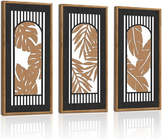KAIRNE Rustic Tropical Boho Wall Decor,Palm Leaf Wooden Sign for Bathroom,Vintage Leaf Plant Hanging Wood Plaque Bohemian Wall Art Botanical Picture for Living Room Decoration 3 pcs(8x16Inch)