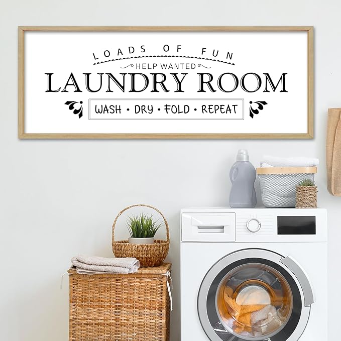 Wash Dry Fold Repeat Wall Decor Art 32"X12" Laundry Room Sign Bathroom Laundry Rules Large Wood Framed Wall Hanging (Wood)
